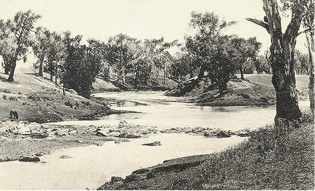 The Junction c.1900, the Manilla river flowing in from the left to join the Namoi, which continues on to Walgett.